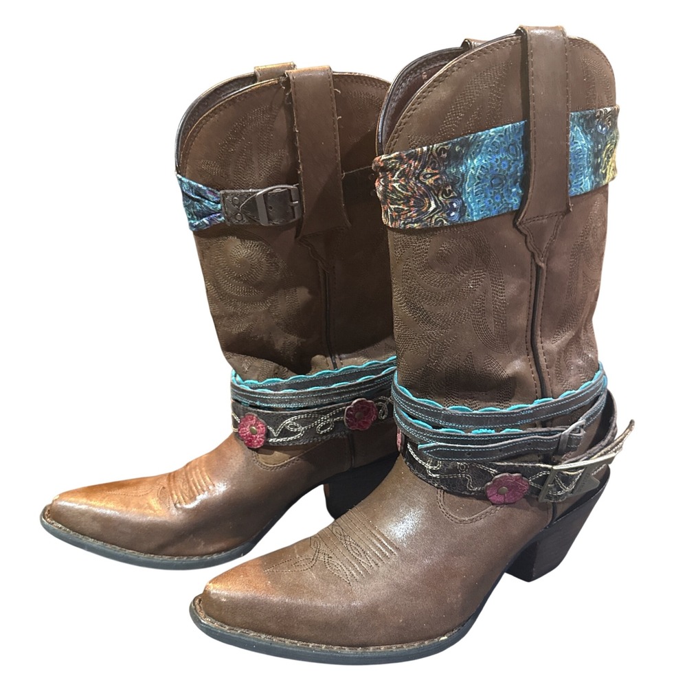Durango Brown‎ Western Boots BOHO Turquoise Strap Accents Ladies 9.5M